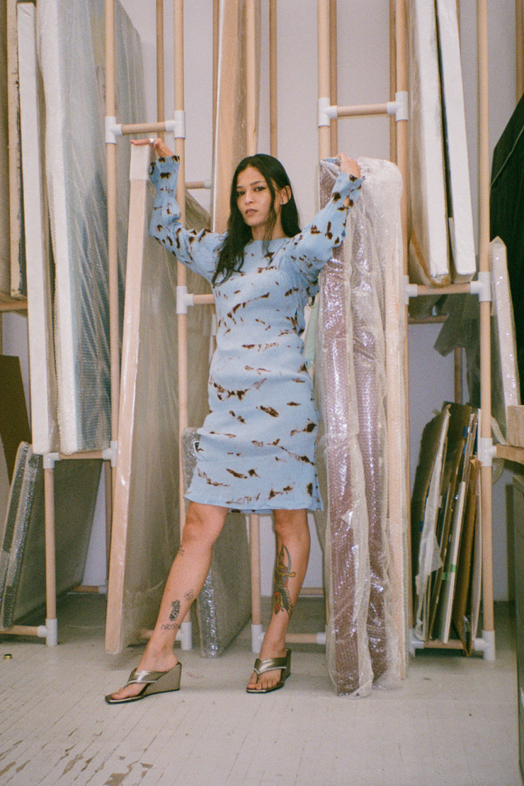 SPA X SILK LAGOON DRESS IN BLUE LATTICE